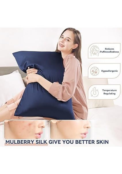 %100 Dut Ipek Yastık Kılıfı Saf, 21 Momme Her Iki Tarafı Gerçek Ipek Yastık Kılıfları Gizli Fermuarlı Slip Ipek Yastık Kılıfı Hipoalerjenik Yumuşak Nefes Alabilir Saç ve Cilt Için (Lacivert, King: modelleri