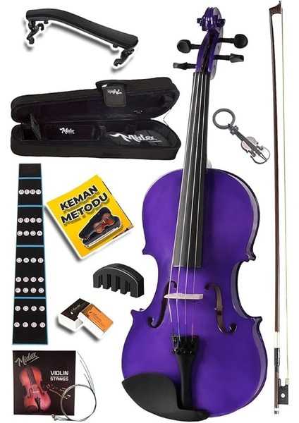 HGA44PU-TYS Mor 4/4 Tam Boy Keman Seti (Yastık Yedek Tel Susturucu Çanta Yay Reçine Metod)