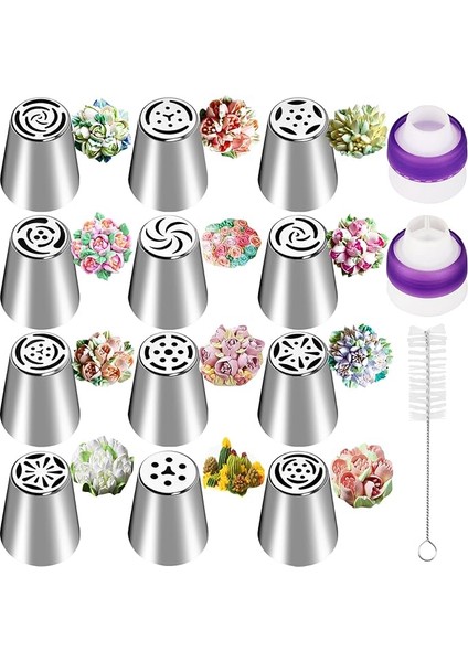 12 Rus Krema Sıkma Ucu Seti, Profesyonel, Büyük, Püskürtme Başlığı Seti, Rus Çiçekleri, Paslanmaz Çelik Pasta Dekorasyon Başlığı, Pasta Dekorasyon Ipuçları, 2 Başlık Dönüştürücü, Pişirme Için,