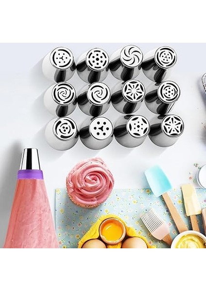12 Rus Krema Sıkma Ucu Seti, Profesyonel, Büyük, Püskürtme Başlığı Seti, Rus Çiçekleri, Paslanmaz Çelik Pasta Dekorasyon Başlığı, Pasta Dekorasyon Ipuçları, 2 Başlık Dönüştürücü, Pişirme Için, indirimleri