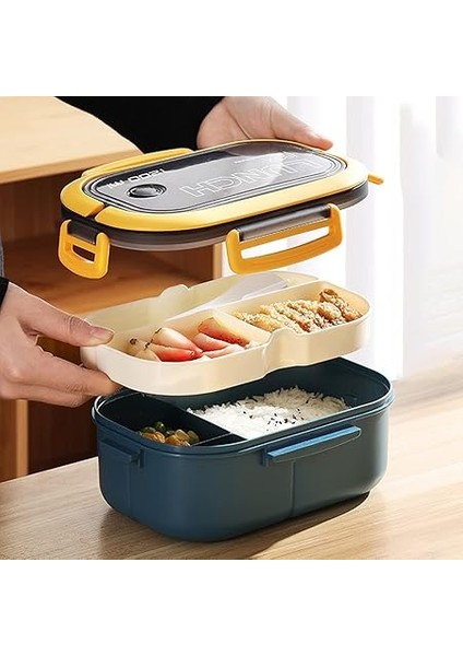 1200 ml 2 Katlı 6 Bölmeli Bpa'sız Pp Plastik Sefer Tası ve Beslenme Çantası - Hava Kilitli Bento Lunch Box, Çatal ve Kaşık Dahil (Mavi) indirimleri
