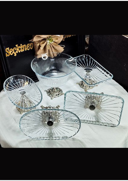 Seçkinev Frezya Elegant Döküm Ayaklı 5 Parça Gümüş Sunum Seti