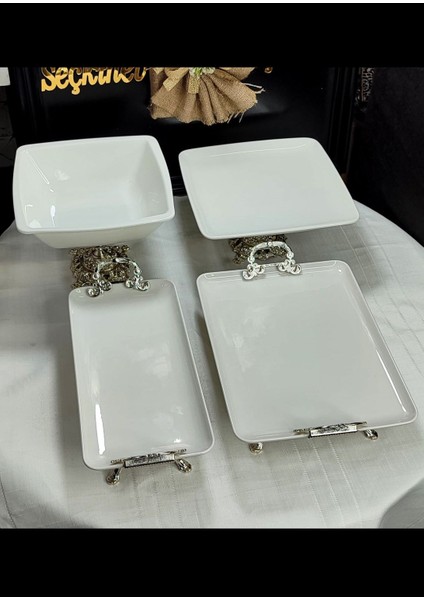 Gümüş Pisa 4 Parça Ayaklı ve Kulplu Krem(Kırık Beyaz) Porselen Sunum Tabağı Set