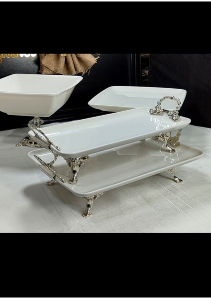 Gümüş Pisa 4 Parça Ayaklı ve Kulplu Krem(Kırık Beyaz) Porselen Sunum Tabağı Set fiyatları