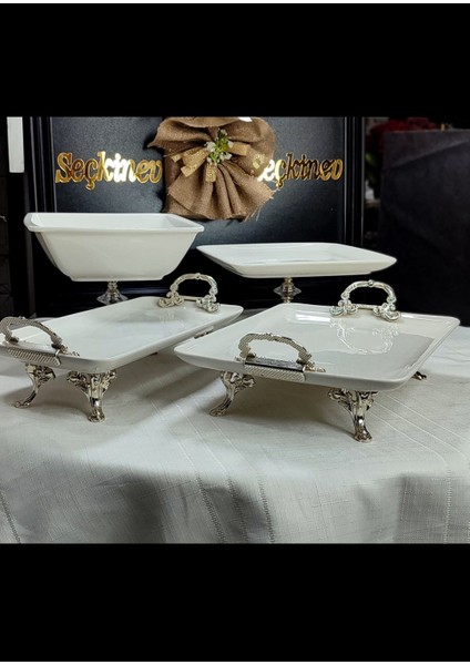 Gümüş Pisa 4 Parça Ayaklı ve Kulplu Krem(Kırık Beyaz) Porselen Sunum Tabağı Set modelleri