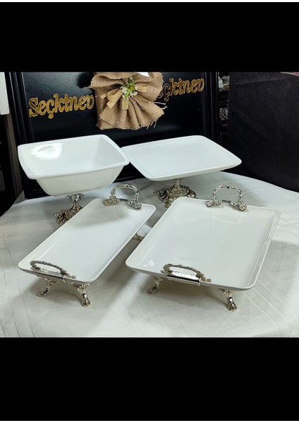 Gümüş Pisa 4 Parça Ayaklı ve Kulplu Krem(Kırık Beyaz) Porselen Sunum Tabağı Set fırsatları