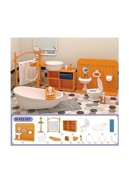 Oyuncak Bebek Evi Mobilya Seti, Banyo, 18 Adet Minyatür Mobilya Seti, Küvet, Tuvalet, Lavabo Dolabı, Elbise Askısı, Oyuncak Bebek Evi Aksesuarı Dekorasyon 1:12 Oyuncak Ev Dekorasyonu, Oyuncak fiyatları