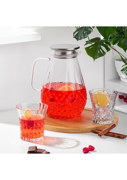20-0097 Borosilikat Cam Sürahi Metal Kapaklı Cam Karaf - Detoks Sürahi 2000 ml