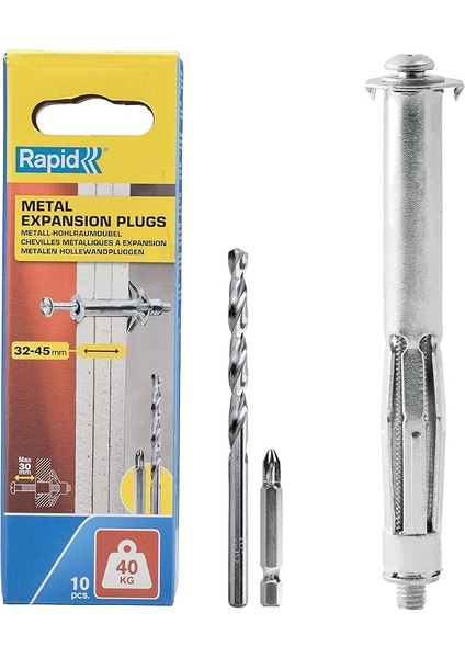 Boşluk Dübeli Metal M5 Vidalı Alçı Karton Plakalar Için 32-45 mm - Taşıma Kapasitesi 40 kg - 11 mm Matkap ve Ph2 Uç Dahil - Üç Katmanlı Duvarlar Için 10 Dübel Içeren Set