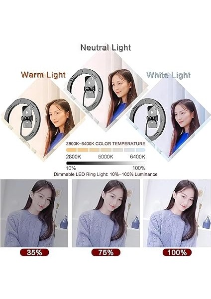 25 cm Halka Işık Seti – 210 cm Uzatılabilir Tripodlu, Dslr ve Akıllı Telefon Uyumlu, 3 Renk Modu, 120 Led, Ayarlanabilir Parlaklık, Makyaj, Youtube, Video Çekimi Için modelleri