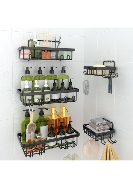 Delmeden Duş Rafı, 5'li Set, Sabunluklu, Banyo Rafı, Siyah