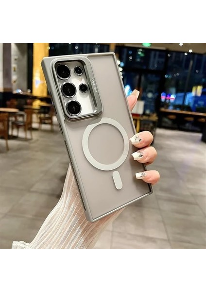 Samsung Galaxy S23 Ultra ile Uyumlu Kamera Lens Aparatlı Stand Olabilen Magsafe ile Uyumlu Kamera Korumalı Şeffaf Full Color Magnetic Wireless Telefon Kılıfı (Titanyum, Galaxy S23 Ultra)