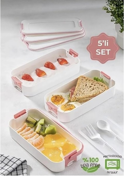 Home 1260 ml 3 Katlı 6 Bölmeli Bpa'sız Pp Plastik Sefer Taşıma ve Beslenme Çantası, Kilitli Bento Lunch Box, Mikrodalgaya Uygun, Çatal ve Kaşık Dahil (Krem) indirimleri
