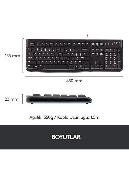K120 USB Kablolu Klavye, Sayısal Tuş Takımına Sahip, Sıvı Dökülmelerine Dayanıklı, Türkçe Q Klavye, Siyah modelleri