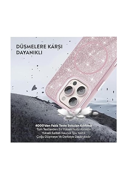 iPhone Kılıf M-Safe Şarj Özellikli Parlayan Simli Sararmaz Kılıf (Pembe, iPhone 16 Pro Max) indirimleri