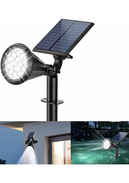 Beyaz 18 LED Spot Güneş Enerjili Bahçe Aydınlatma Lambası, Fotoselli, Spike Aplik, 18W Su Geçirmez Dış Mekan Solar Lamba, Ağaç, Veranda, Garaj, Havuz, Duvar ve Zemin Montajına Uygundur 42 cm