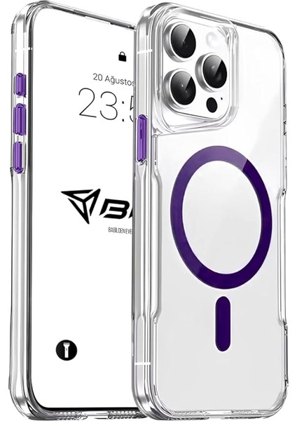 iPhone ile Uyumlu Şeffaf Sert Mika Sararmaz Renkli Magsafe Kılıf (Mor, iPhone 15 Pro Max)