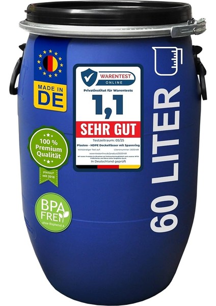 Varil Polietilen 60 L Kapaklı, Gıda Kalitesi, Mavi (22095)