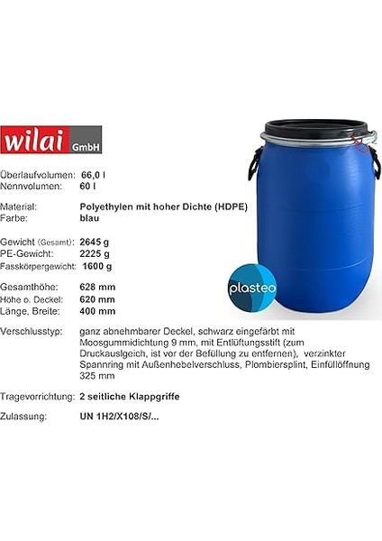 Varil Polietilen 60 L Kapaklı, Gıda Kalitesi, Mavi (22095) fiyatları