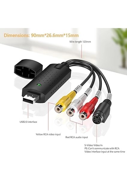 Grabber Video Kayıt Kartı Capture Card Vhs Dijitalleştirme, USB Video Kaydedici Vhs Audio Video Grabber Dönüştürücü, Analogdan Dijitale, Vhs/vcr/tv'den Dvd'ye Dönüştürücü, Windows Mac Için modelleri