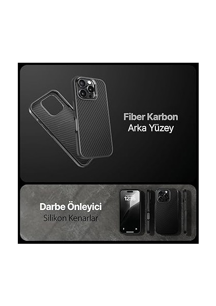 iPhone 16 Pro Için Fiber Karbon Materyal Arka Bölüm Metal Lens Çerçeveli ve Metal Tuşlu Sararmayan ve Çizilmeyen Güçlü Darbe Emici Premium Silikon Kılıf (Siyah, 16 Pro) fiyatları
