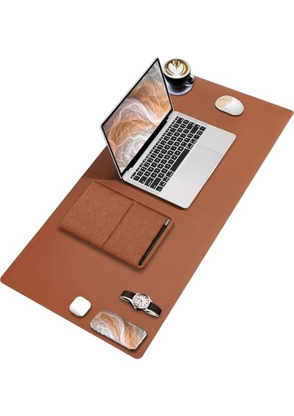 Deer Pu Deri Mouse Pad Dikişli Kenar Dayanıklı Büyük Boy Çift Yönlü Kullanım Ofis Masa Matı Sümen(Kahverengi, 90X40 Xl)