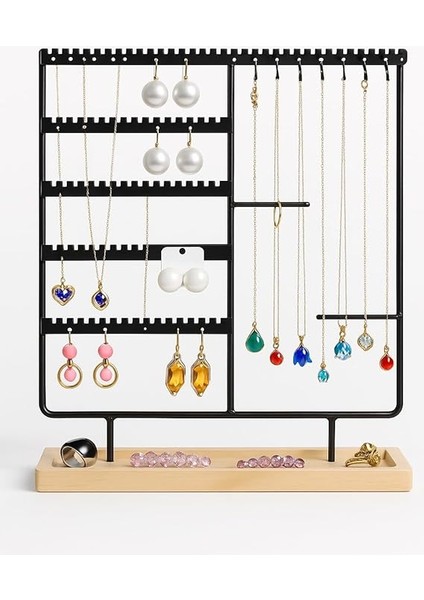 Takı Organizeri, Takı Standı Metal Stand ve Ahşap Taban, 35X30X9.5 Cm, Küpe Kolye Yüzük Düzenleyici, Siyah