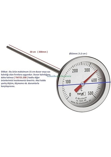 Ø52MM 0/500 C° 30 cm Dalma Boylu Fırın Termometresi, 30 cm Problu 500 Derece Bahçe,pizza,pide,ekmek,köy,kara/taş Fırın Isı Gösterge Saati Tfa Dostmann TM832.14.1035.60 fiyatları