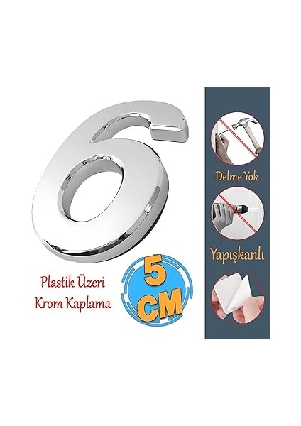 Kapı Numarası Küçük Boy 50 mm 5 cm Numara 6 Rakam Altı Sayısı Krom Renk Numaralar 1 Adet fırsatları