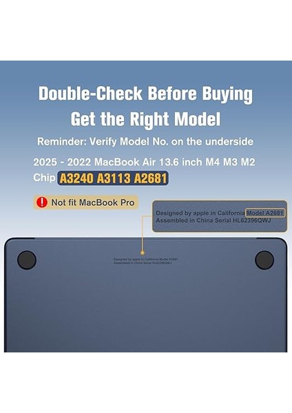 MacBook Air M3 M2 13,6 Inç (2024-2022) A3113 A2681 ile Uyumlu Kılıf, Ultra Ince Sert Kapaklı Koruyucu Kılıf, MacBook Air 13,6 Inç, Kristal Gece Yarısı (Ultra Ince) fiyatları