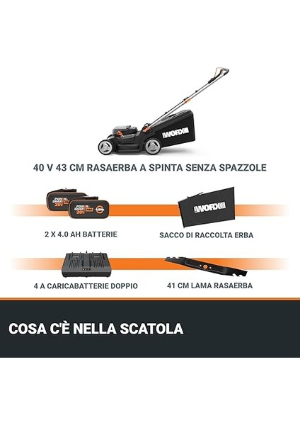 WG737E Nitro Akülü Çim Biçme Makinesi 40 V (2 x 20 V) – Güçlü Fırçasız Motor – 37 cm Kesme Genişliği – 6 Kesme Yüksekliği Kademesi (20 – 70 Mm) – 40 L Çim Toplama Torbası – 2 x 4 Ah Akü ve Çift fiyatları