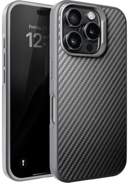 iPhone 16 Pro Için Fiber Karbon Materyal Arka Bölüm Metal Lens Çerçeveli ve Metal Tuşlu Sararmayan ve Çizilmeyen Güçlü Darbe Emici Premium Silikon Kılıf (Gri, 16 Pro)