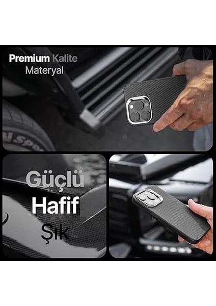 iPhone 16 Pro Için Fiber Karbon Materyal Arka Bölüm Metal Lens Çerçeveli ve Metal Tuşlu Sararmayan ve Çizilmeyen Güçlü Darbe Emici Premium Silikon Kılıf (Gri, 16 Pro) fırsatları