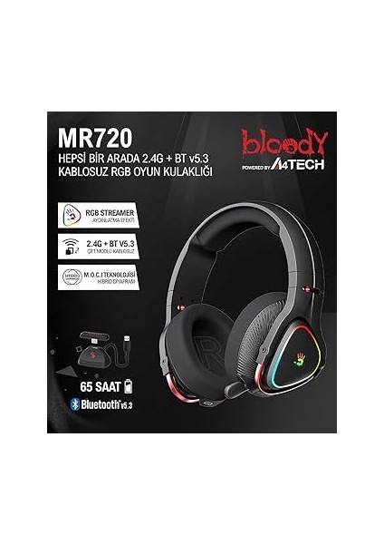 MR720 Siyah Rgb Şarjlı Kablosuz (Bluetooth+2.4g) &amp; Kablolu Kullanım Mikrofonlu Oyuncu Gamer Kulaklığı (Pc, Telefon, Tablet, Ps5, Xbox, Nintendo ile Kullanım) fiyatları