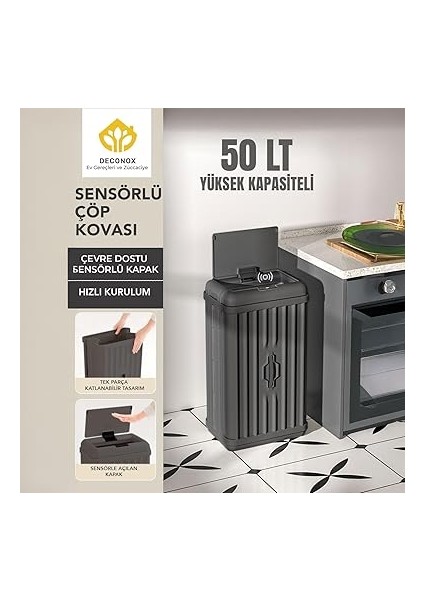 50 Lt Sensörlü Çöp Kovası, Portatif Katlanabilir, Büyük Boy Premium (62X36X26CM), Otomatik Dokunmatik Hareket Sensörlü Akıllı Mutfak Banyo Ofis Çöp Kutusu (Antrasit) fiyatları