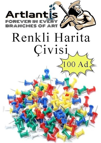 Harita Çivisi Renkli 100 Lü 1 Paket Renkli Mantar Pano Raptiyesi Pano Iğnesi Ofis Okul Büro Renkli Harita Çivisi
