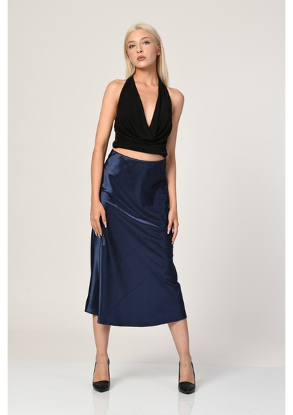 Big Dart Yüksek Bel Saten Etek - Lacivert Lacivert - 40