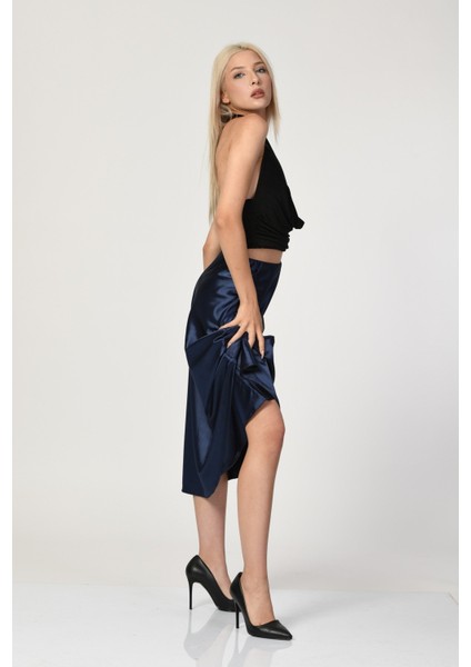 Big Dart Yüksek Bel Saten Etek - Lacivert Lacivert - 40 fiyatları