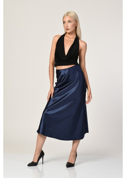Big Dart Yüksek Bel Saten Etek - Lacivert Lacivert - 40 modelleri