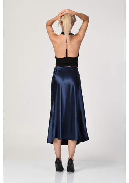 Big Dart Yüksek Bel Saten Etek - Lacivert Lacivert - 40