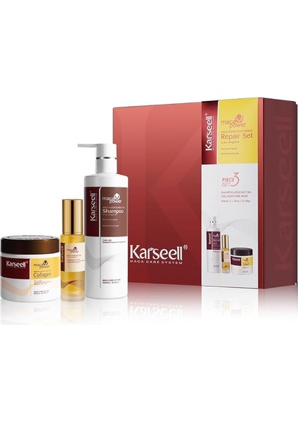Nemlendirici Onarım Seti, Kolajen Saç Maskesi, Şampuan, Saç Yağı, Kuru Hasar Görmüş Saçlar Için Hediye Seti, Tüm Saç Tipleri Için, 2 x 500 ml + 50 ml