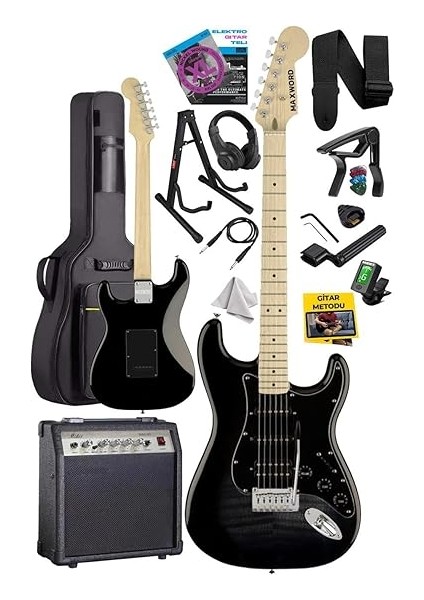 MAP-45BK-30AMP 30W Bt Amfili Siyah Elektro Gitar Seti Hss Manyetik Maple Klavye Strat Kasa fiyatları