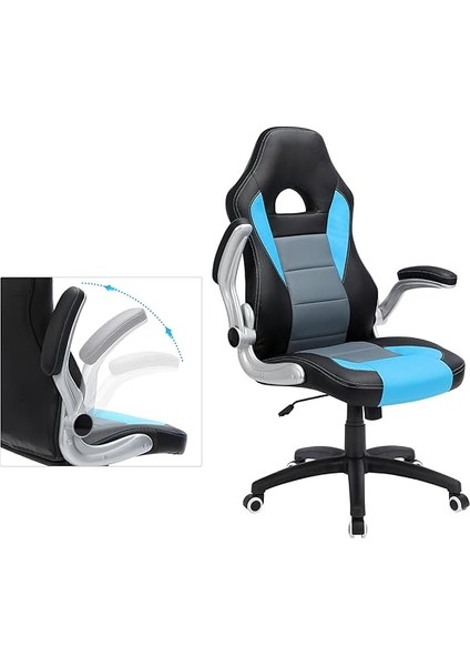 Oyuncu Sandalyesi, Yüksek Sırtlı, Ofis Koltuğu, Yüksekliği Ayarlanabilir, Katlanabilir Kolçaklar, Sallanan Fonksiyon, Oyuncular Için, Siyah/gri/mavi, OBG28BU, 70X70X(116-126) indirimleri