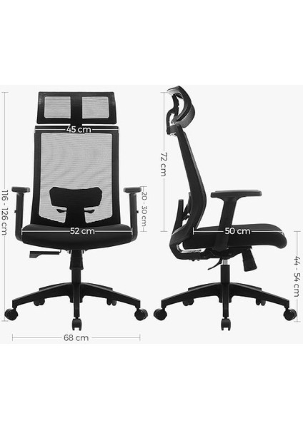 Ofis Koltuğu, File Kaplamalı Masa Sandalyesi, Ayarlanabilir Bel Desteği, Koltuk Başlığı ve Kolçaklar, 120'YE Kadar Ayarlanabilir Eğim Açısı, Siyah, OBN55BK, 6660 (97-105,5) cm modelleri