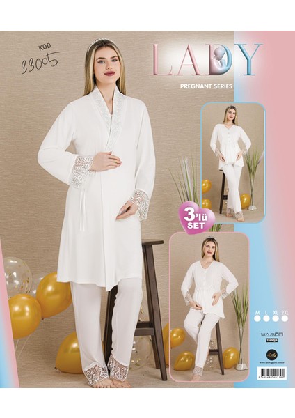 Lady Lingerie Düğmeli V Yaka ve Dantelli Paça Detaylı Uzun Kollu Şık Hamile&lohusa 3'lü Set Pijama