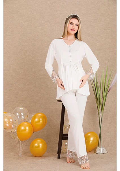 Lady Lingerie Düğmeli V Yaka ve Dantelli Paça Detaylı Uzun Kollu Şık Hamile&lohusa 3'lü Set Pijama fiyatları