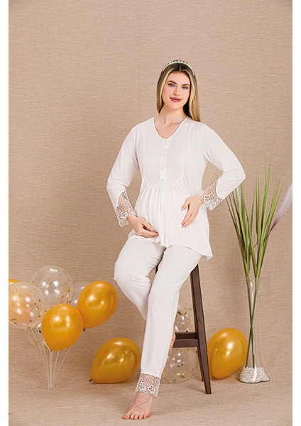 Lady Lingerie Düğmeli V Yaka ve Dantelli Paça Detaylı Uzun Kollu Şık Hamile&lohusa 3'lü Set Pijama modelleri