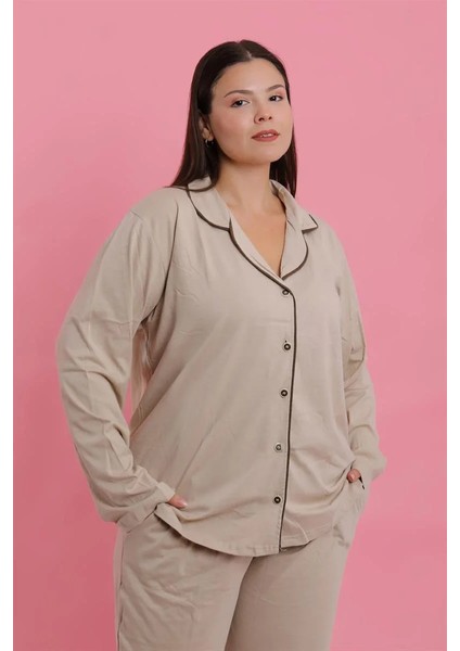 Moda Kadın Büyük Beden Bej Düğmeli Pijama Takımı
