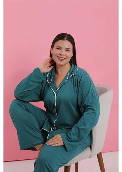 Moda Kadın Büyük Beden Petrol Rengi Düğmeli Pijama Takımı fiyatları