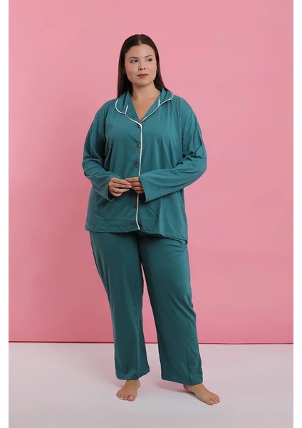 Moda Kadın Büyük Beden Petrol Rengi Düğmeli Pijama Takımı fırsatları